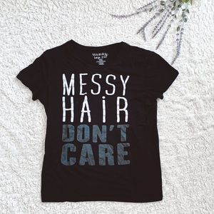 Wound Up ‘messy hair don’t care’ black gray and white soft everyday t shirt